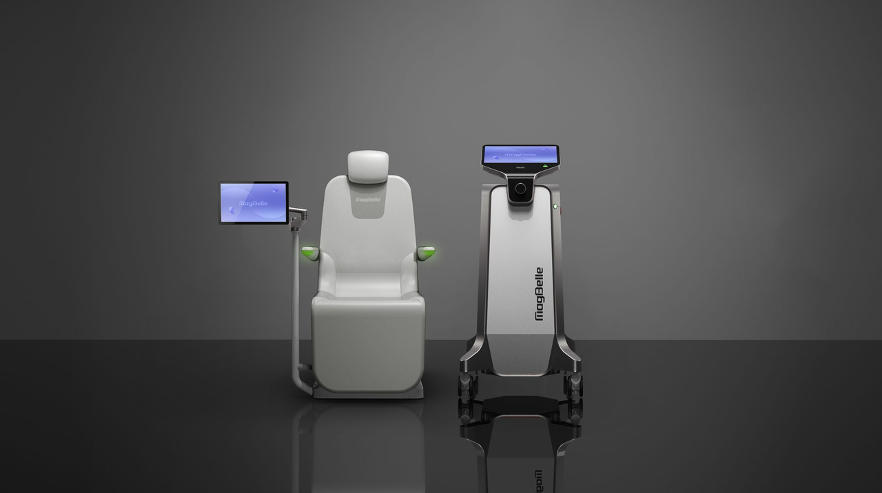 MagBelle complete clinical hardware system displaying the chair applicator with patient view screen and the mobile console main unit with clinician interface